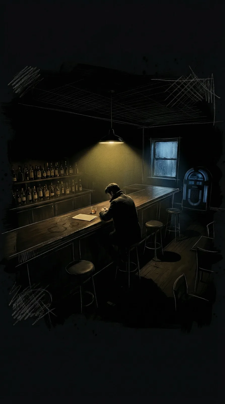 Jack sits alone beneath a hanging lamp in an empty bar, a folder and whiskey in front of him.