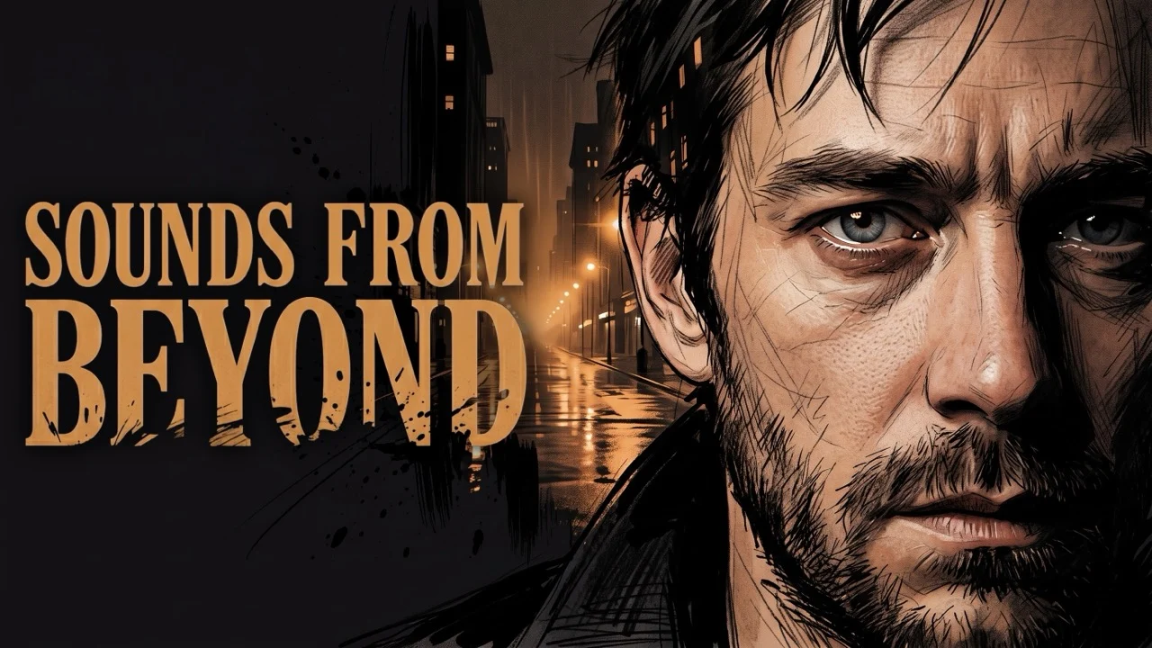 Sounds from Beyond title beside Jack on a rain-darkened city street.